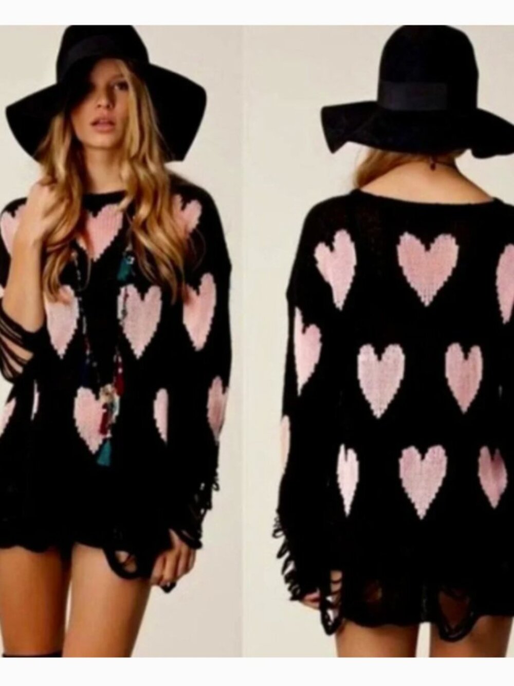 Wildfox Lavender Heart Distressed Knit Sweater - Cream Hearts - Picture 5 of 5